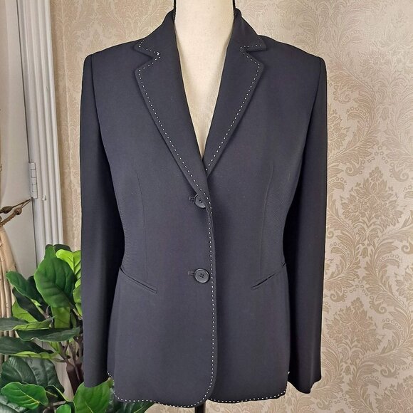 Ann Taylor Loft Petites Size 4P Black Blazer White Stitching 2 Button Front EUC - Picture 1 of 9